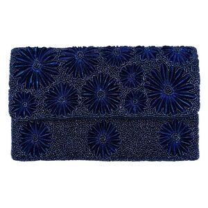 Elegant Beaded Navy Blue Velvet Floral Clutch